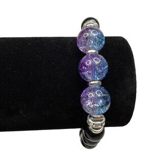 Blue Purple Crackle Glass Bead Bracelet Black Acrylic Bead Silver Accent Jewelry
